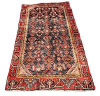 Full view of the Persian Hamadan rug showing floral and geometric motifs with red border.