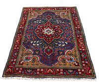 Full view of rug on white background showing overall pattern and colors