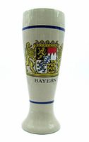 Front view of nine-inch tall stoneware beer stein showcasing Bayern coat of arms and blue bands.