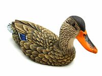Multiple views of carved and painted mini mallard duck hen decoy showing detailed feather carving, paintwork, and full body including head, beak, and wings.