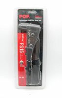 Front view of sealed POP PS15 pop rivet tool in clear plastic packaging with red and black label.