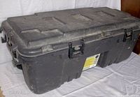 Front and top view of black hinged storage box showing latches and handle