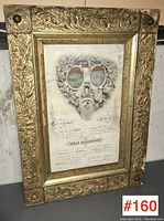 Front view of the antique framed certificate showing gold decorative frame and central marriage certificate with missing photos.