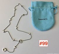 Necklace and Tiffany pouch on white background showing overall layout and heart charms