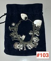 Full view of the charm bracelet with charms displayed on a black cloth pouch.
