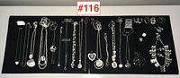 Full display of 14 necklaces and one pair of clip-on earrings laid out on black fabric showing various pendant styles and chain lengths.