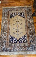 Full view of rectangular area rug displaying central beige elongated hexagonal medallion and multi-band borders with floral and geometric motifs, placed on hardwood flooring.