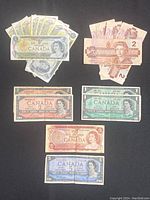 All bills laid out showing front sides with denominations and Queen Elizabeth II portrait