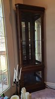 Full tall corner curio cabinet showing glass upper section and wood lower cupboard, positioned in corner by glass door.