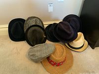 Photo showing group of seven men's hats including black felt fedoras, tweed newsboy cap, straw hats with bands, dark fedora styles on carpeted floor.