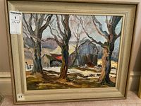 Framed oil on board painting depicting a barn and several trees, with label showing dimensions 15.5 x 19.5 inches.