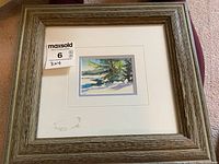 Framed watercolour painting shown with an outer rustic distressed wood-look frame and white matting. Small painting size 3x4 inches.