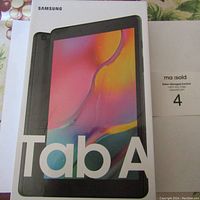 Front of the Samsung Galaxy Tab A box showing the tablet image and model name.