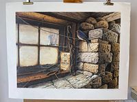 Full view of the serigraph print showing the interior corner of a barn with stone walls, a window, and a perched bird.
