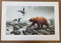 Full image of lithograph showing a brown bear walking on rocks with seagulls flying above in a naturalistic scene.