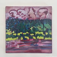 Front view of the original oil painting showing vibrant impressionistic landscape with trees, water, and sky in bright and dark colors.