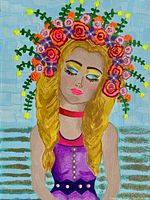 Close-up view of portrait painting with floral crown, showing detail and colors.