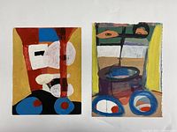 Two abstract mixed media portraits on paper placed side by side showing size and style contrast.