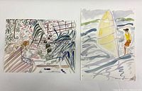 Two paintings displayed side by side: an abstract garden scene and a windsurfer on water with a yellow sail.