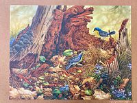 Full view of the print showing multiple warbler birds in a forest environment with tree stumps and wildflowers in natural colors.