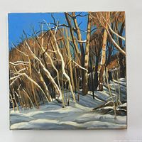 Front view of square landscape oil painting depicting a snowy winter forest scene with bare trees and bright blue sky. Signed and dated by artist in bottom right corner.