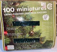 Box front showing packaging design for 100 miniatures indoor Christmas light set with 5-way flashing feature.