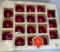 Box shows 18 pink shiny glass ball Christmas ornaments in individual compartments with clear plastic cover, vintage Canadian Tire branding