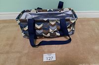 Chevron multi-color medium utility bag open and upright on carpeted floor with blue wall background, showing the interior wire support frame and navy handles.