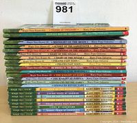 Photo showing spines of 22 Magic Tree House books arranged stacked, titles visible including Tigers at Twilight, Buffalo Before Breakfast, Midnight on the Moon, among others.