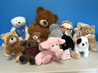 Full view of collection with 11 assorted plush stuffed animals placed against a blue wall, including bears, elephants, a sloth, and dogs.