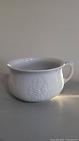 White ironstone ceramic chamber pot with decorative medallions, spout, and handle on side profile.