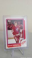 Front of 1985-86 Topps Steve Yzerman hockey card shows player in red Detroit Red Wings uniform, card number 19.