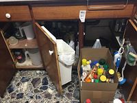 Under sink cupboard partially open showing cardboard box filled with cleaning fluids and household supplies.