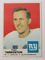 Front of the Fran Tarkenton 1969 football card showing colored portrait, name, team, and position