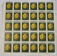 Full sheet block of 36 Canadian vintage stamps in green and gold featuring Sir Donald Alexander Smith with 6 cent denomination.