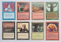 Full view of the seven Magic The Gathering cards arranged in a 4x2 layout, showing various colors and artwork.