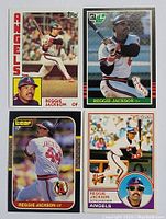 Four Reggie Jackson baseball cards shown: Topps, Donruss LL, Leaf, Topps Traded, featuring various images of Reggie Jackson with Angels.