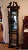 Front view of tall black lacquered display cabinet with glass door, mirrored back and glass shelves