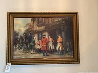 Full view of framed artwork showing a historic hunting scene by a lodge with men, a woman on horseback, and dogs.