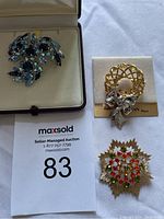 Three assorted brooches with a lot number card in the picture showing the entire lot.