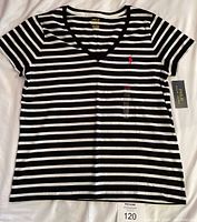 Full front view of black and white striped Polo Ralph Lauren ladies t-shirt laid flat, showing short sleeves and V-neck collar.