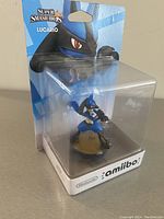 Lucario Amiibo figurine in original packaging showcasing front and side view