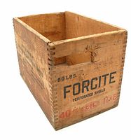 Front of wooden ammunition crate showing FORCITE branding and weight markings.