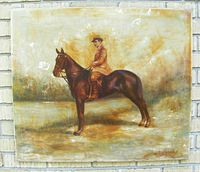 Front view of the painting showing the man on a horse in a naturalistic style, mounted on a brick background.