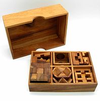 Wooden box lid removed showing six distinct wooden puzzles arranged in compartments inside the box
