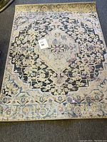 Full view of the 3'x5' rectangular area rug with central floral medallion and ornate border in beige, black, blue, pink, and green tones.