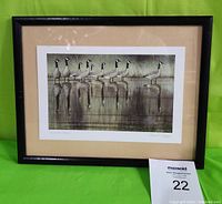 Framed print of nine Canada geese standing in water, shown from front with green background.