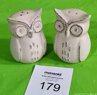 Front view of the pair of owl salt and pepper shakers, showing shape and design details.
