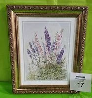 Front view of framed botanical print showing purple and pink salvia flowers, white matting, and decorative gold frame.
