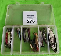 Open tackle box showing multiple metal fishing spoons arranged in compartments.